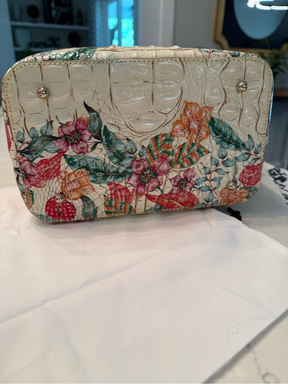 Brahmin Cream Floral Embossed Croc-Texture Satchel - Picture 3 of 6